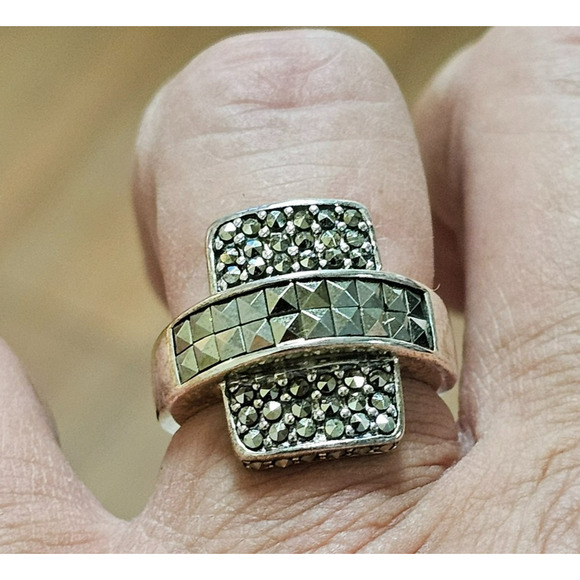 Vintage Sterling Silver NF 925 Thailand Marcasite Statement Ring Sz 7 Geometric - Picture 1 of 11